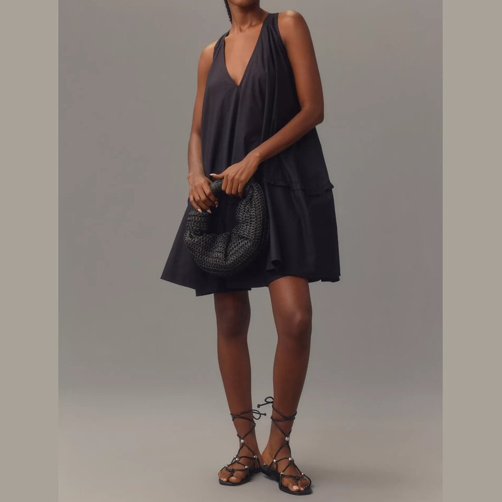 By Anthropologie V-Neck Swing Tunic Dress Black Large Petite LP